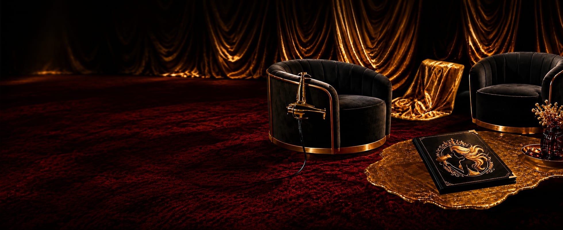 A moody black-and-gold living room: velvet armchairs, gold satin drapes, and a dark leather Rafael Styles catalog with a gold emblem resting on a gold coffee table