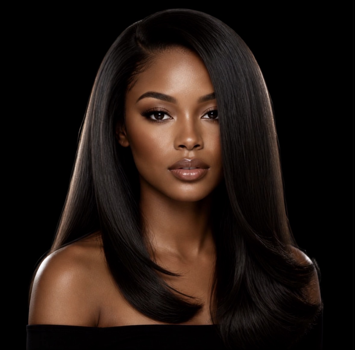 Model with sleek, pin-straight black silk-pressed hair