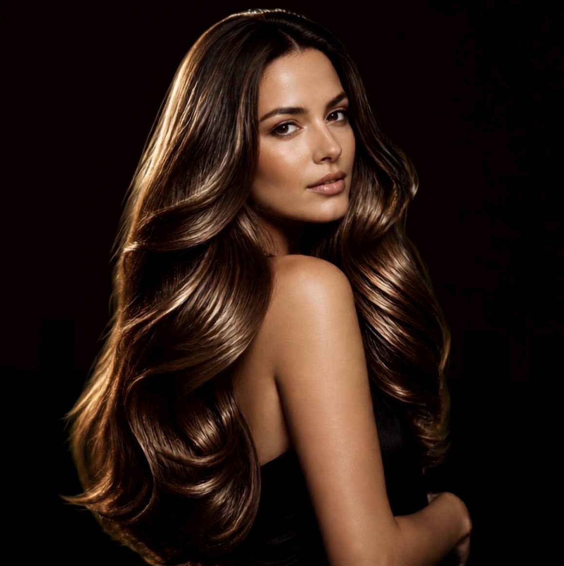 Model glancing over her shoulder with long, glossy chestnut waves
